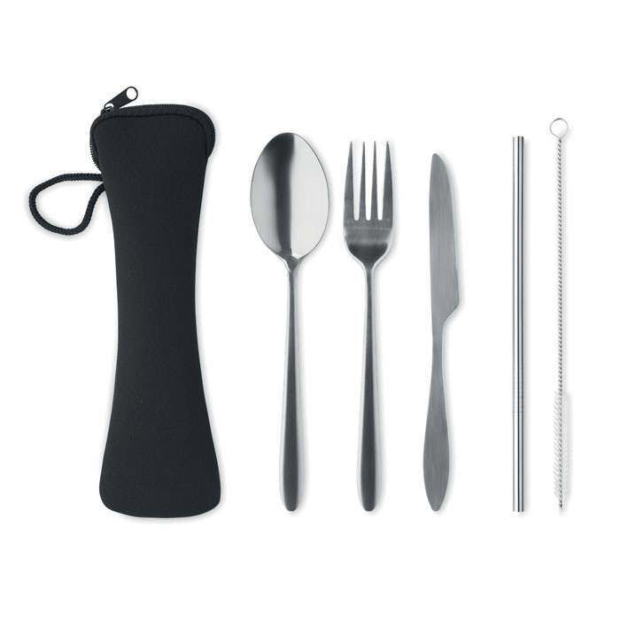 5 SERVICE – Reusable steel cutlery set with a straw